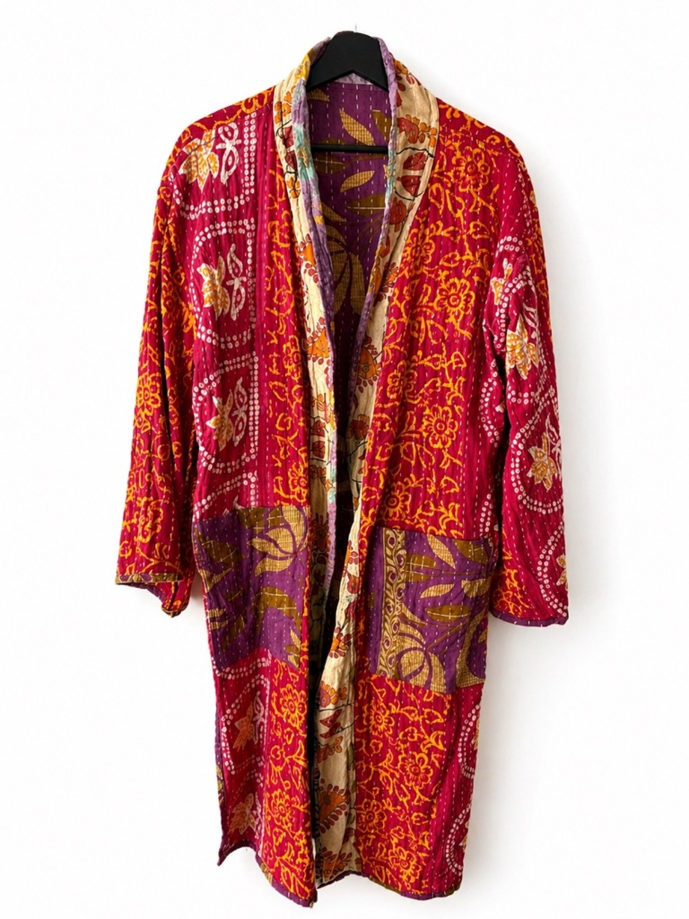 Reversible Kantha Patchwork Kimono Duster Handmade Cotton Boho Festival Jacket.